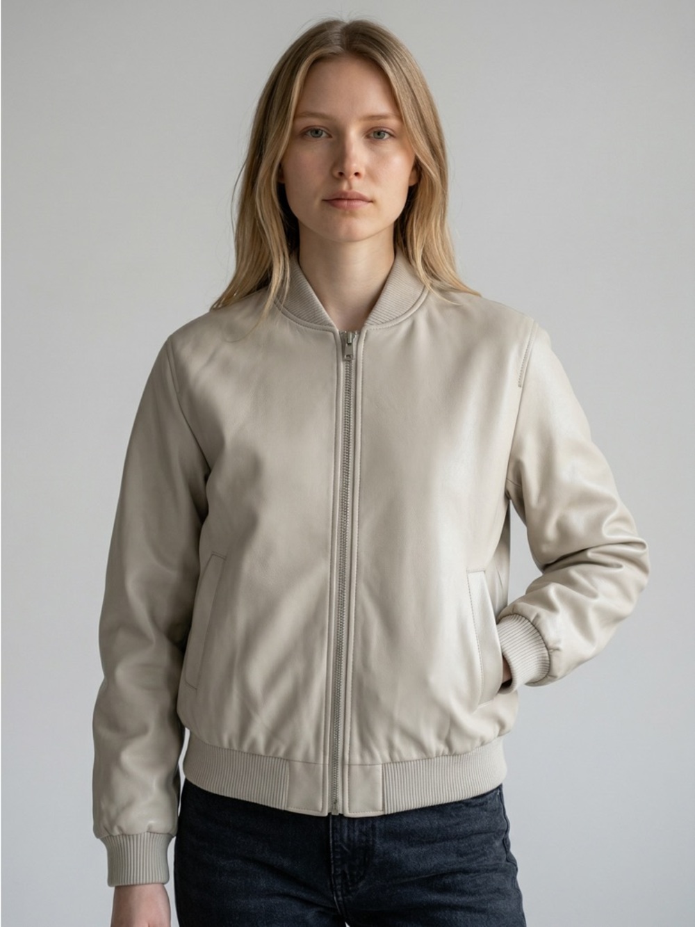 NWT Avec Les Filles Faux Leather Bomber Jacket Neutral Minimalist Beige L